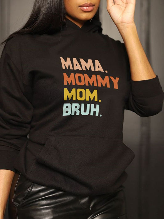 Women’s fleece graphic hoodie in black — MAMA MOMMY MOM BRUH
