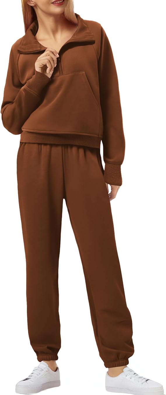 PINSPARK Womens 2 Piece Outfits Fleece Sweatsuit Half...