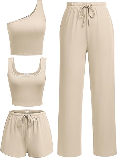 Ekouaer Womens 4 Piece Lounge Sets Ribbed Knit...